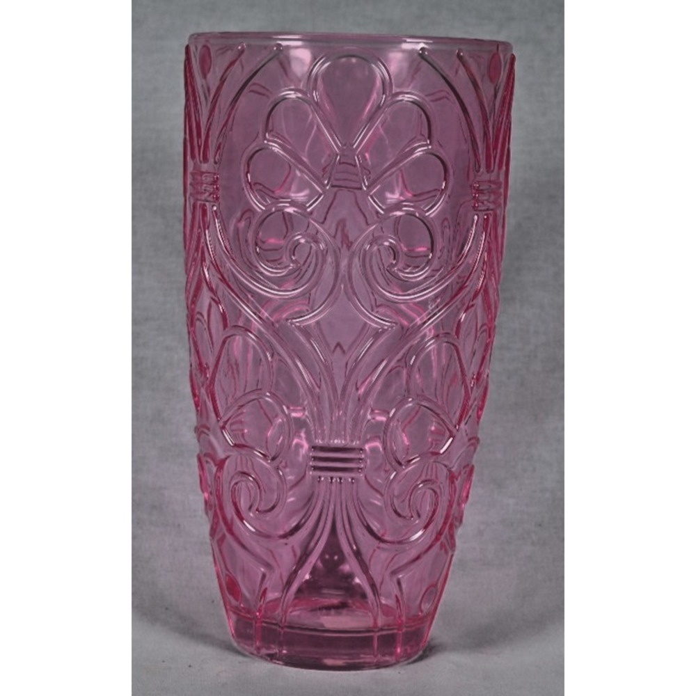 Sweet Heart Medley Pink Pressed Glass Vase Heavy Embossed Flowers 8.5" - Picture 5 of 7